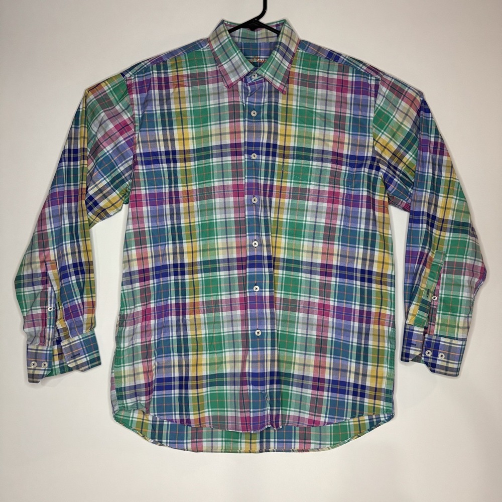 Alan Flusser Colorful Plaid Shirt Mens L Button Up Long Sleeve left chest pocket
